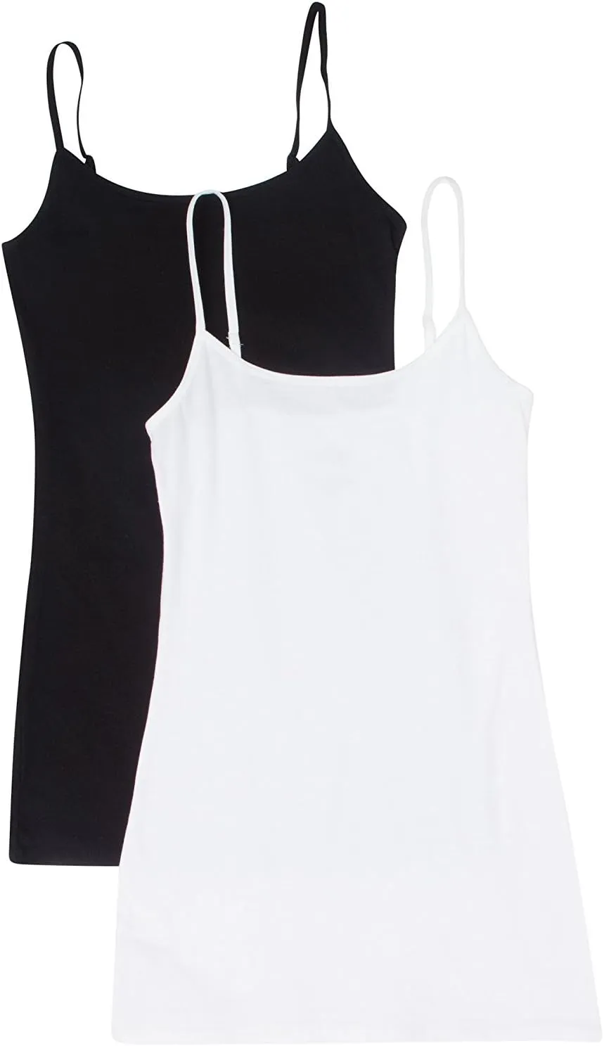 Active Basic Junior Women's Casual Plain Layering Camisole Cami Top Tank - 2 Pack Wh, Bk, 2XL