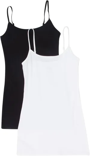 Active Basic Junior Women's Casual Plain Layering Camisole Cami Top Tank - 2 Pack Wh, Bk, 2XL