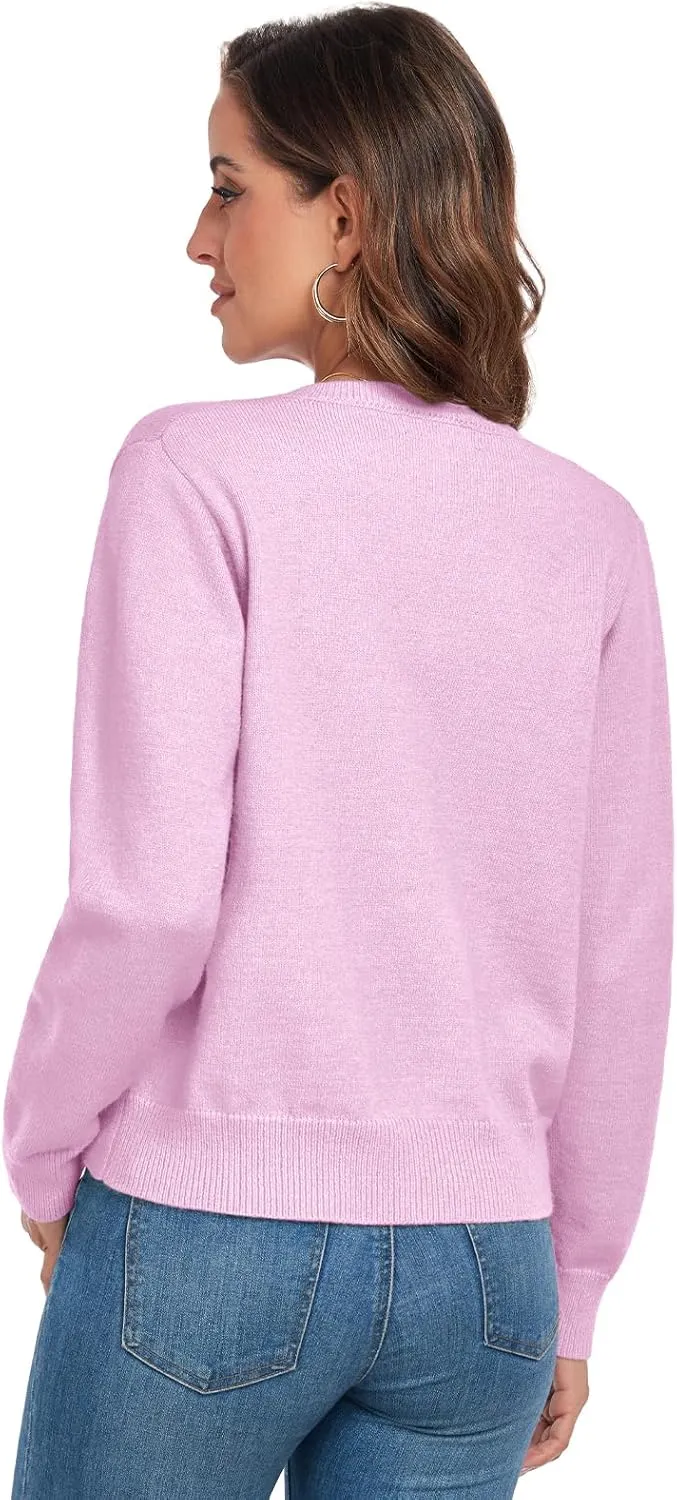 ADANIKI Women's Long Sleeve Button Knit Cardigan Sweater Lightweight Open Front Crew Neck Tops for Women