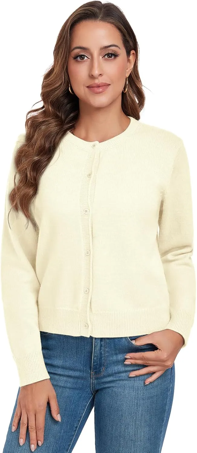 ADANIKI Women's Long Sleeve Button Knit Cardigan Sweater Lightweight Open Front Crew Neck Tops for Women