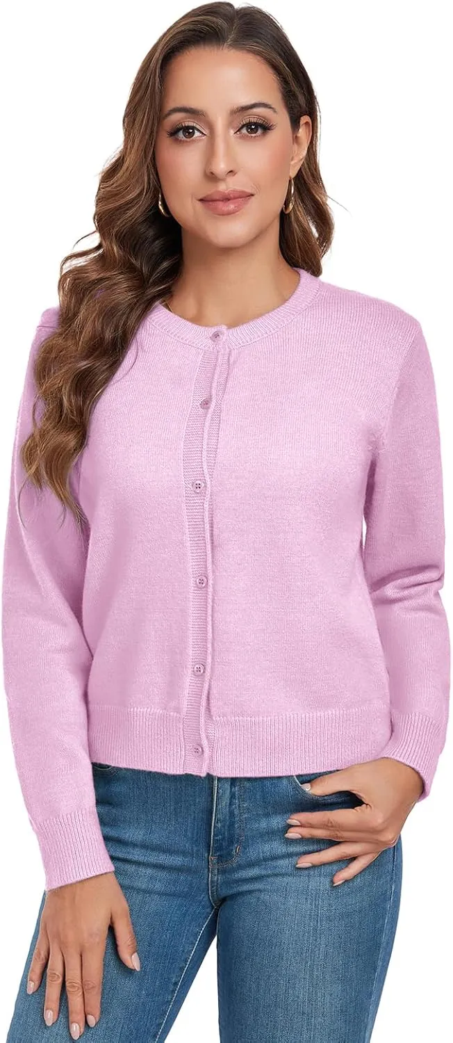 ADANIKI Women's Long Sleeve Button Knit Cardigan Sweater Lightweight Open Front Crew Neck Tops for Women