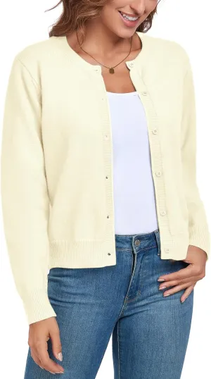ADANIKI Women's Long Sleeve Button Knit Cardigan Sweater Lightweight Open Front Crew Neck Tops for Women