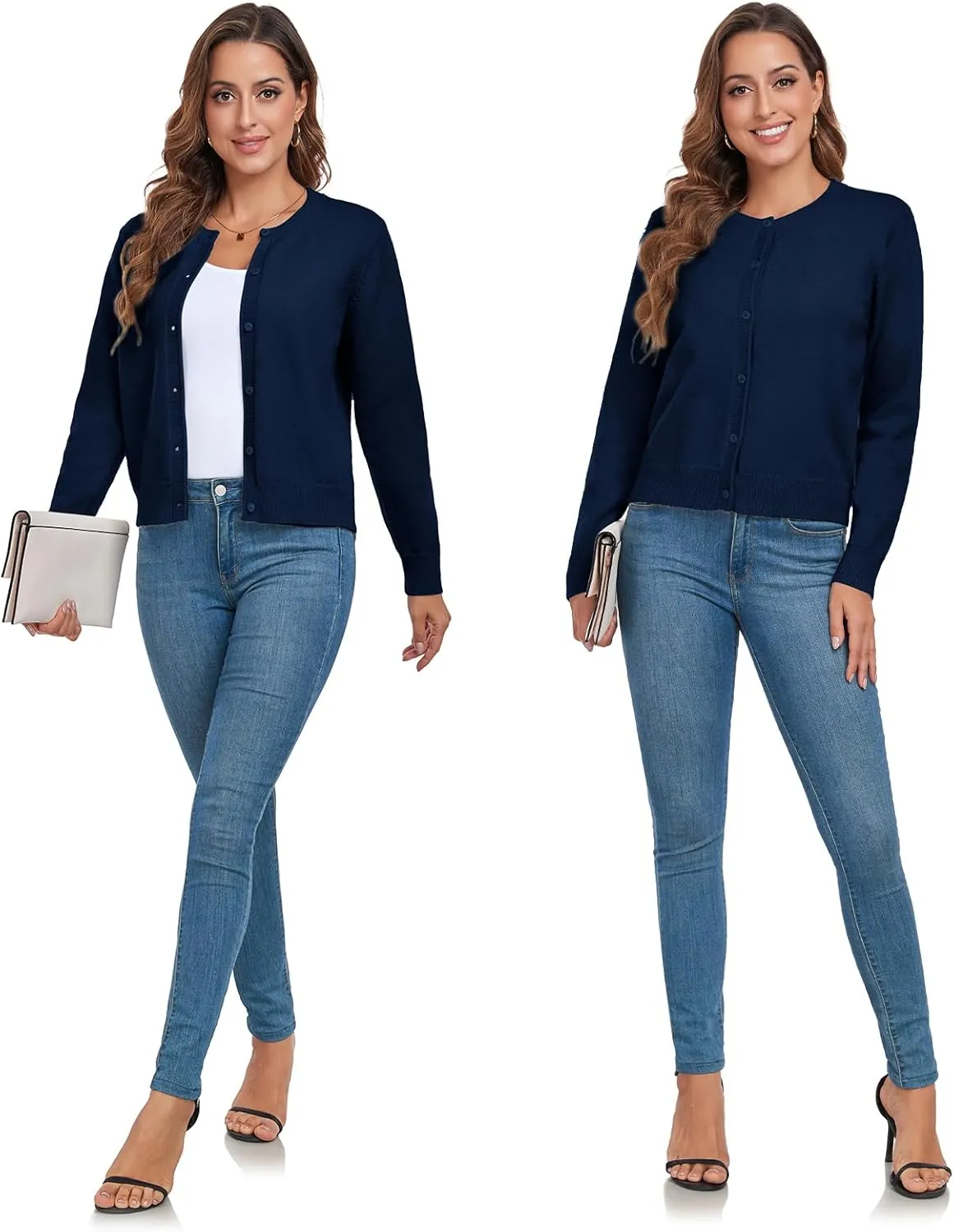 ADANIKI Women's Long Sleeve Button Knit Cardigan Sweater Lightweight Open Front Crew Neck Tops for Women