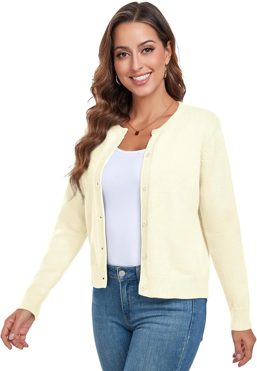 ADANIKI Women's Long Sleeve Button Knit Cardigan Sweater Lightweight Open Front Crew Neck Tops for Women