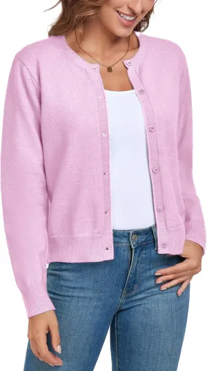 ADANIKI Women's Long Sleeve Button Knit Cardigan Sweater Lightweight Open Front Crew Neck Tops for Women