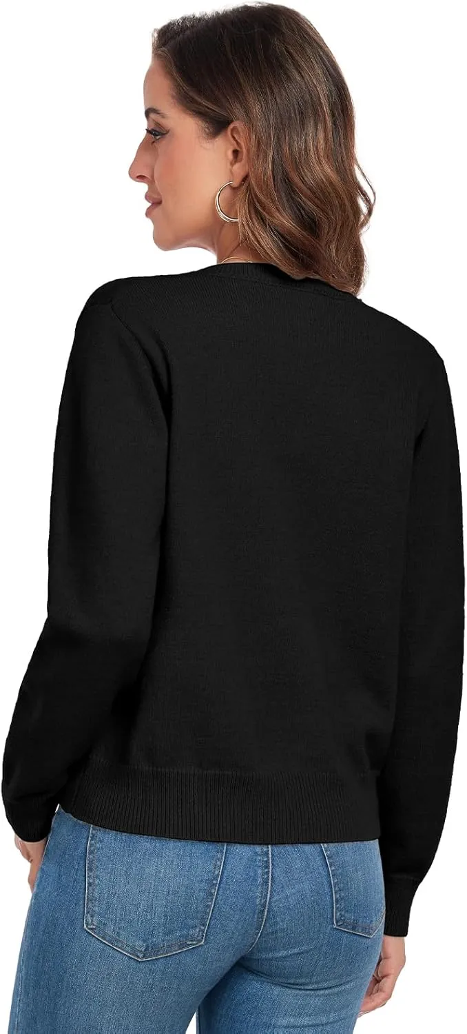 ADANIKI Women's Long Sleeve Button Knit Cardigan Sweater Lightweight Open Front Crew Neck Tops for Women