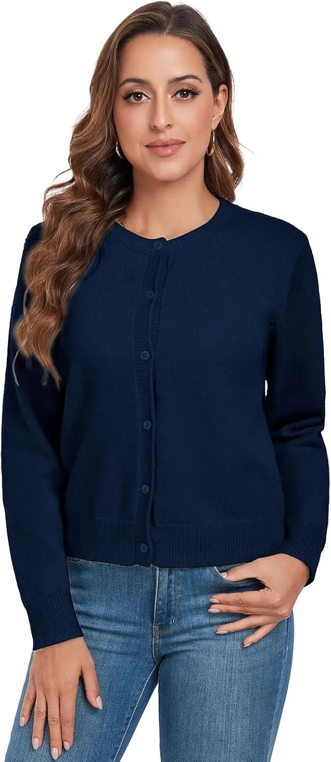 ADANIKI Women's Long Sleeve Button Knit Cardigan Sweater Lightweight Open Front Crew Neck Tops for Women