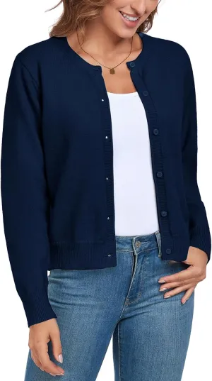 ADANIKI Women's Long Sleeve Button Knit Cardigan Sweater Lightweight Open Front Crew Neck Tops for Women