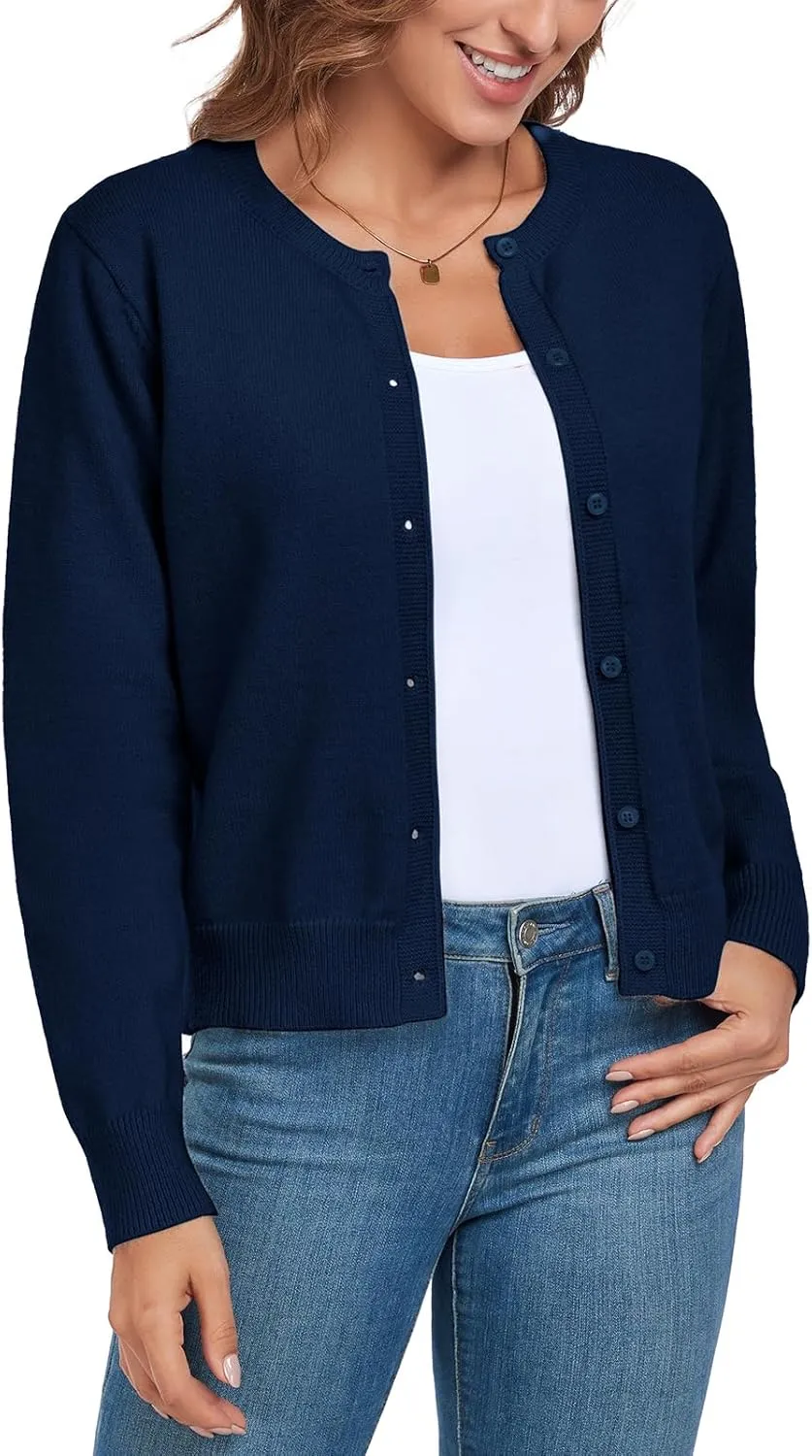 ADANIKI Women's Long Sleeve Button Knit Cardigan Sweater Lightweight Open Front Crew Neck Tops for Women