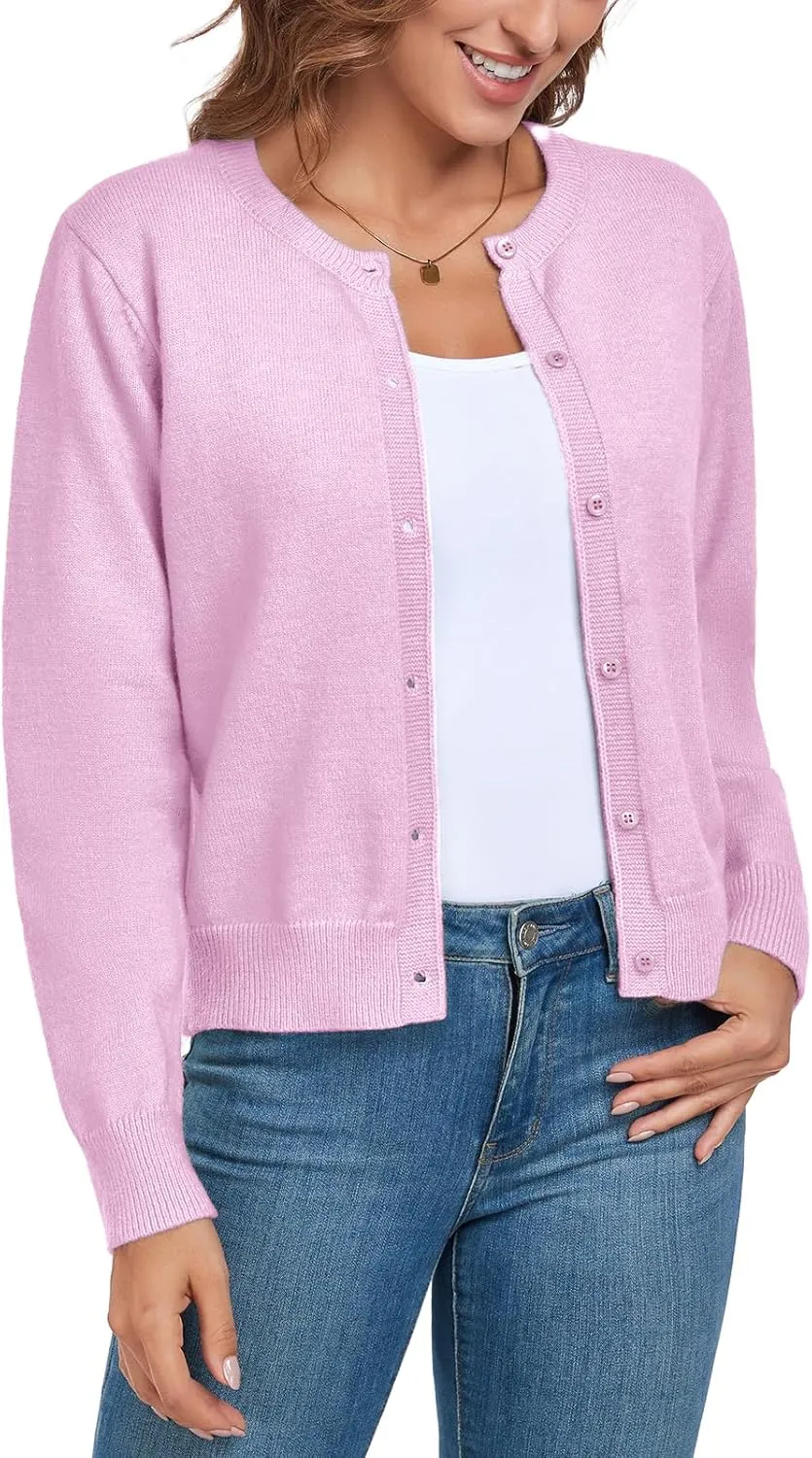 ADANIKI Women's Long Sleeve Button Knit Cardigan Sweater Lightweight Open Front Crew Neck Tops for Women