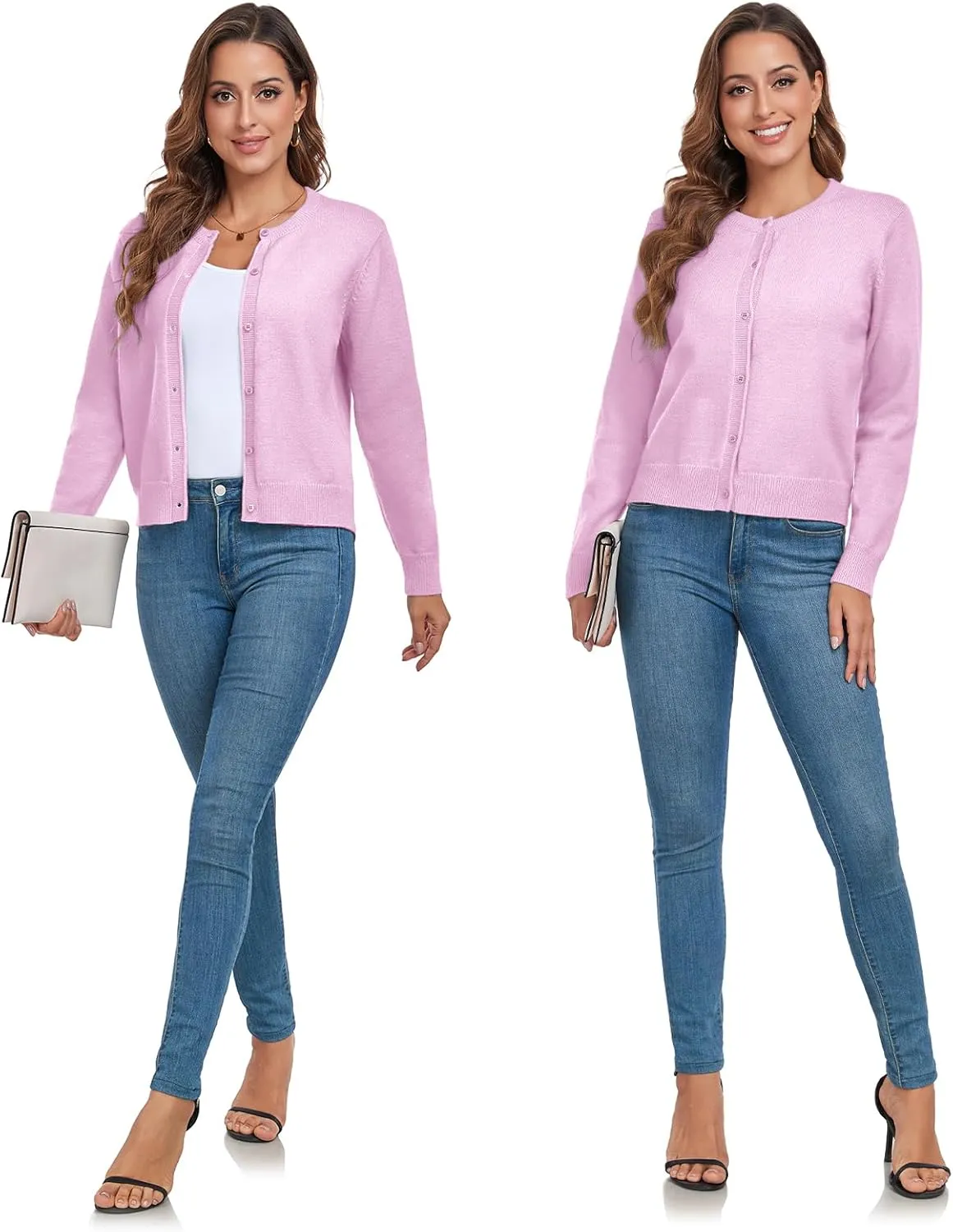 ADANIKI Women's Long Sleeve Button Knit Cardigan Sweater Lightweight Open Front Crew Neck Tops for Women