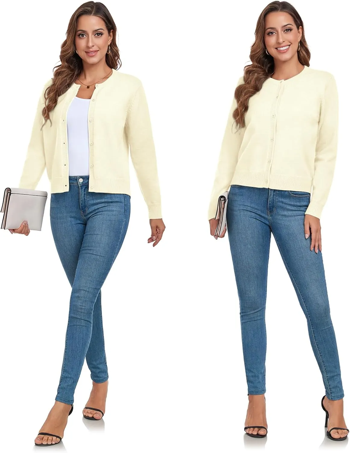 ADANIKI Women's Long Sleeve Button Knit Cardigan Sweater Lightweight Open Front Crew Neck Tops for Women