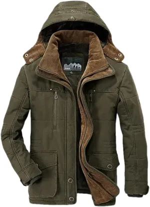 Adhdyuud Men Thick Cotton-Padded Jacket Winter Mid-Length Hooded Parka Coat With Hat Detachable