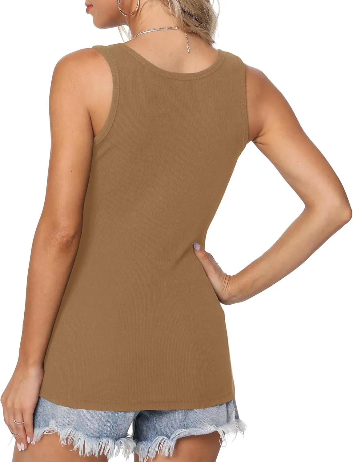 Afibi Womens Scoop Neck Henley Tank Tops Low Cut Solid Sexy Summer Sleeveless Button Down Shirts