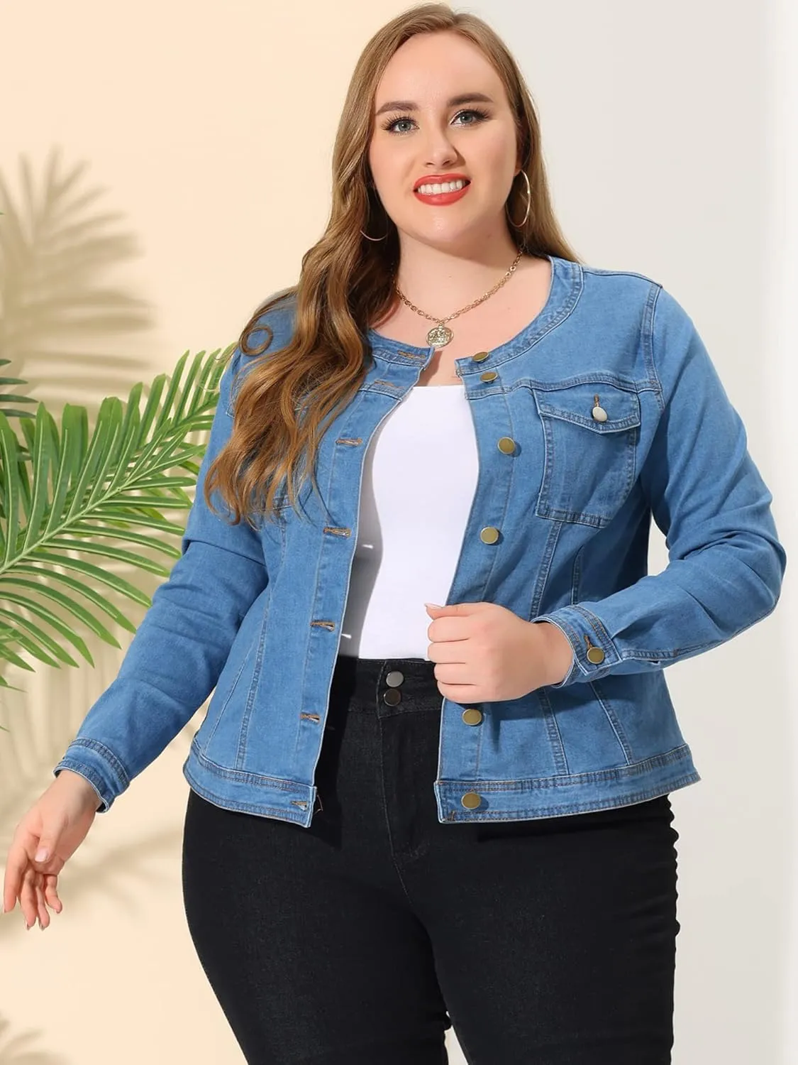 Agnes Orinda Denim Jacket for Women Plus Size Collarless Long Sleeve Button Down Jean Jacket 2025 Western Outfit