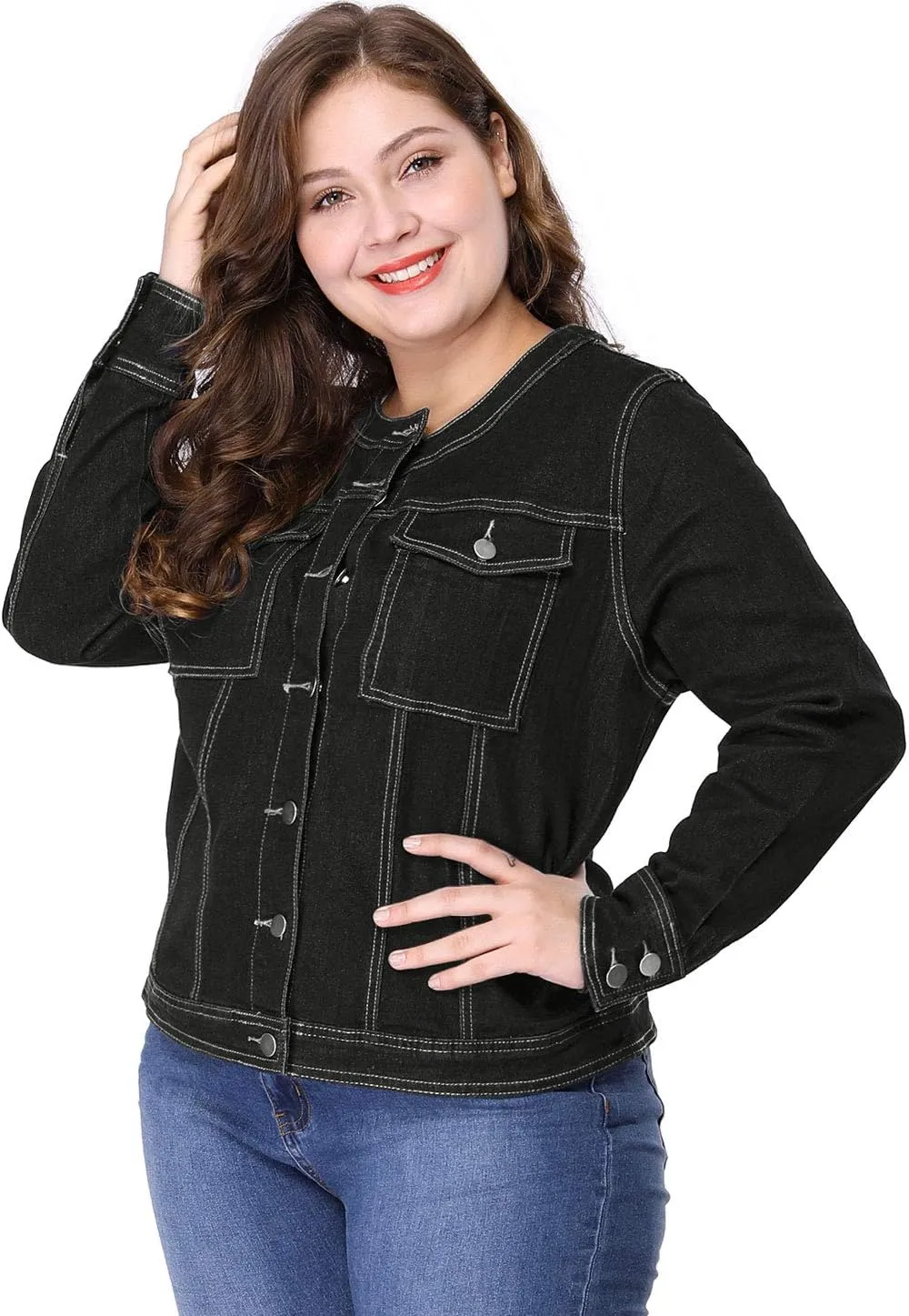 Agnes Orinda Denim Jacket for Women Plus Size Collarless Long Sleeve Button Down Jean Jacket 2025 Western Outfit
