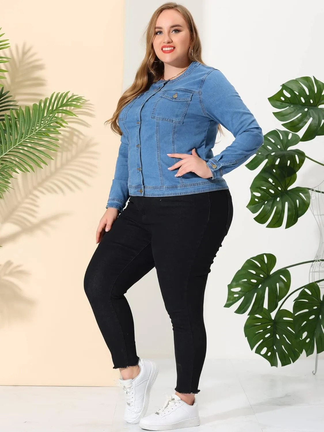 Agnes Orinda Denim Jacket for Women Plus Size Collarless Long Sleeve Button Down Jean Jacket 2025 Western Outfit