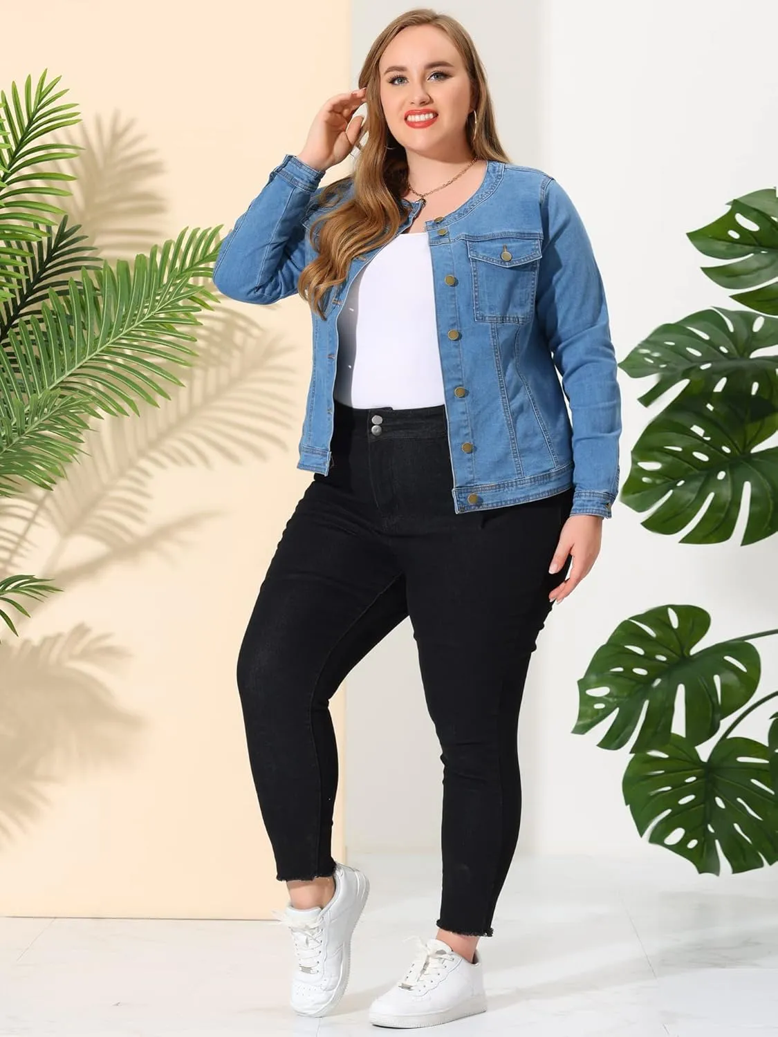 Agnes Orinda Denim Jacket for Women Plus Size Collarless Long Sleeve Button Down Jean Jacket 2025 Western Outfit