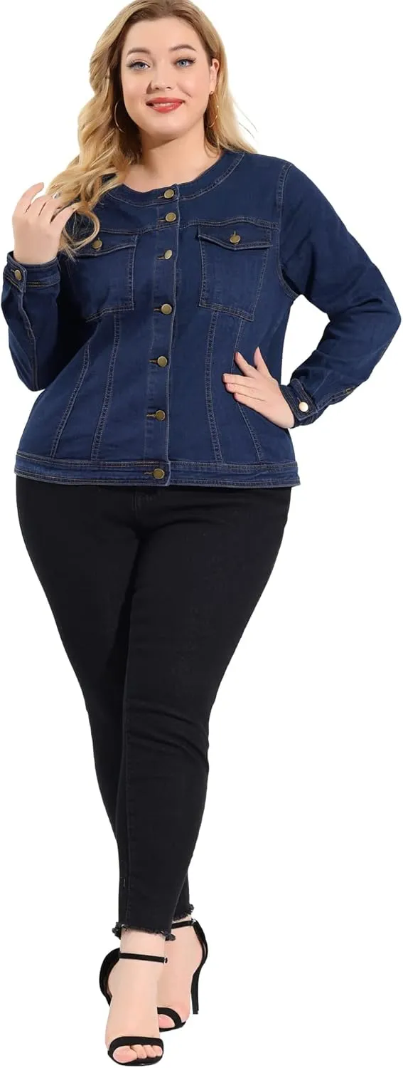 Agnes Orinda Denim Jacket for Women Plus Size Collarless Long Sleeve Button Down Jean Jacket 2025 Western Outfit