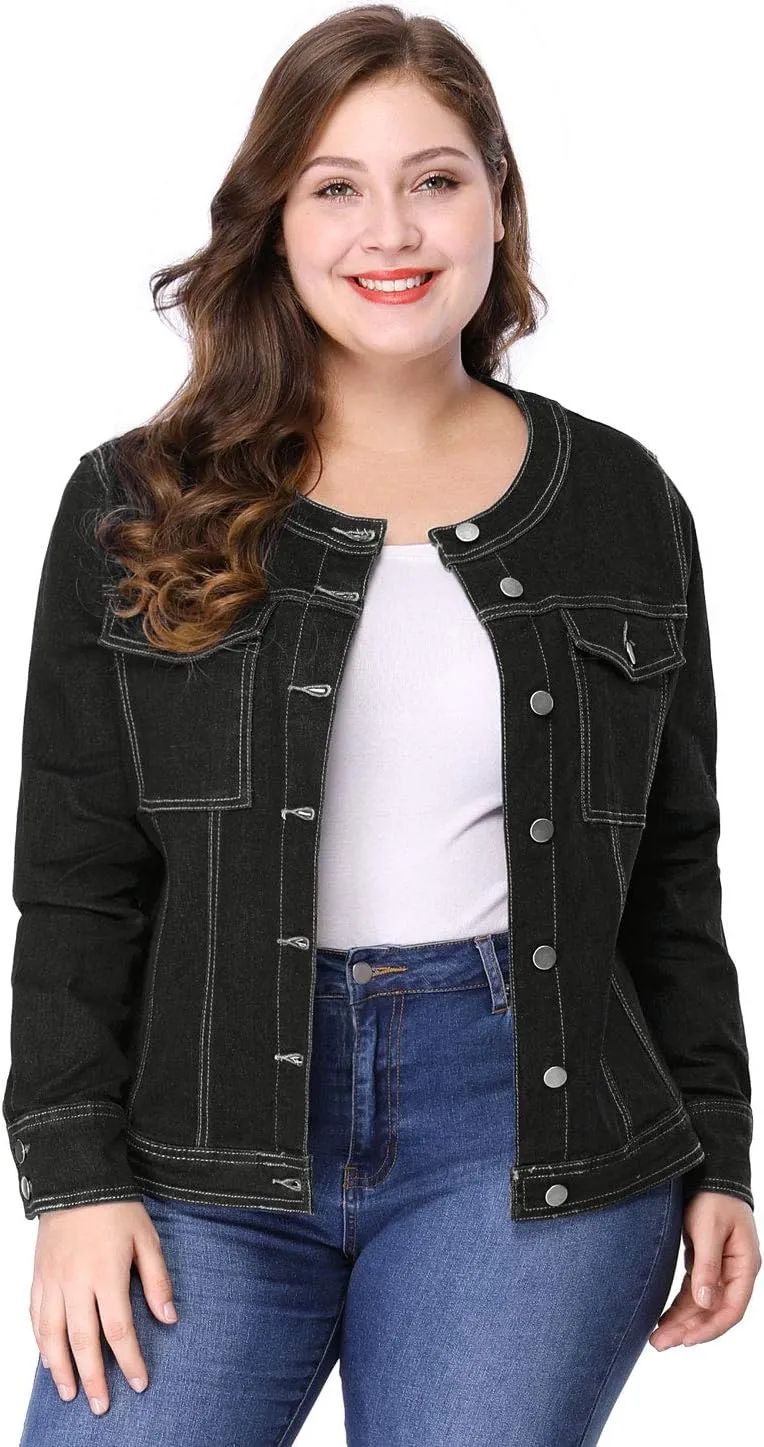 Agnes Orinda Denim Jacket for Women Plus Size Collarless Long Sleeve Button Down Jean Jacket 2025 Western Outfit