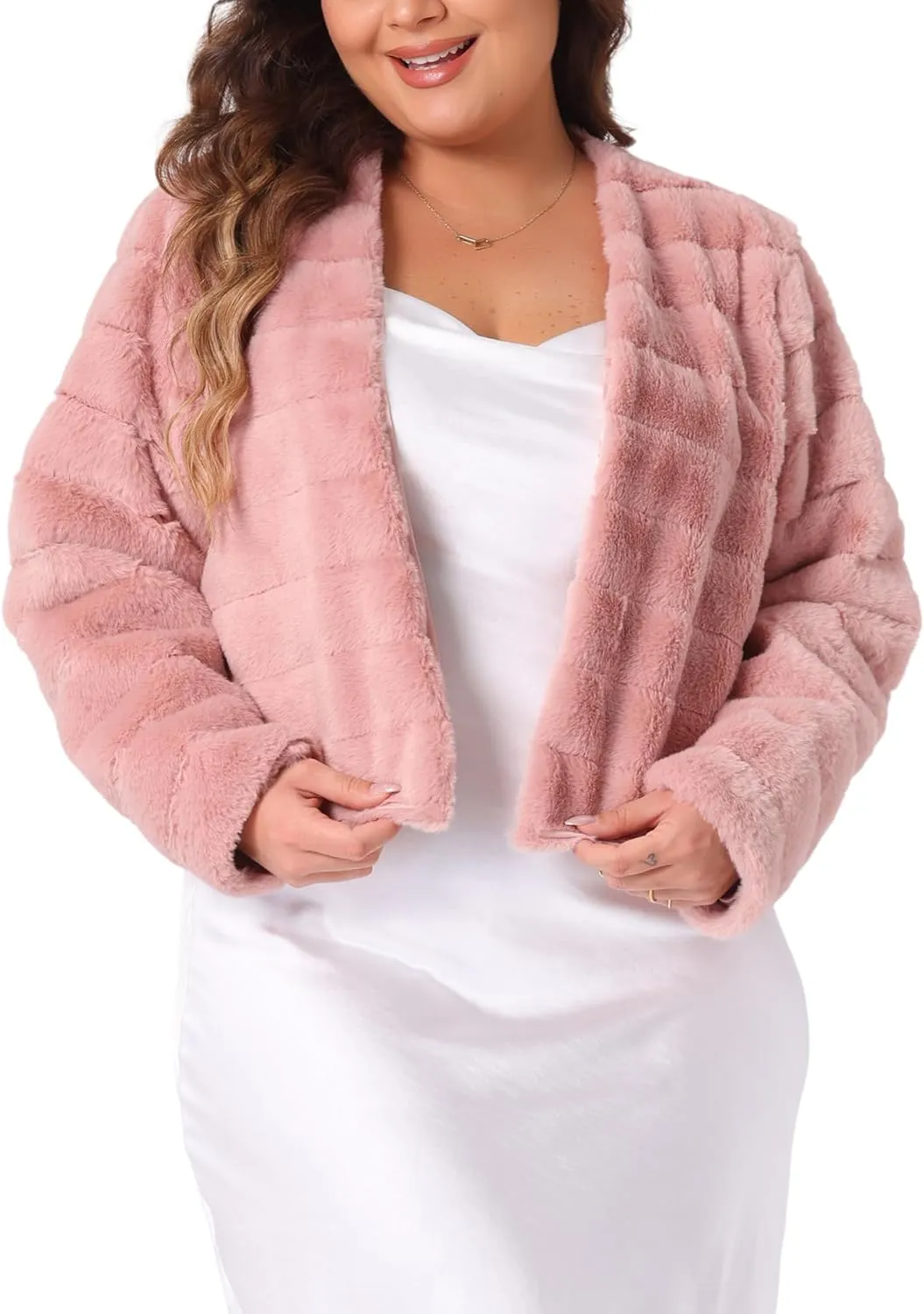 Agnes Orinda Plus Size Faux Fur Jacket for Women Open Front Collarless Wedding Formal Cropped Faux Fur Winter Jackets