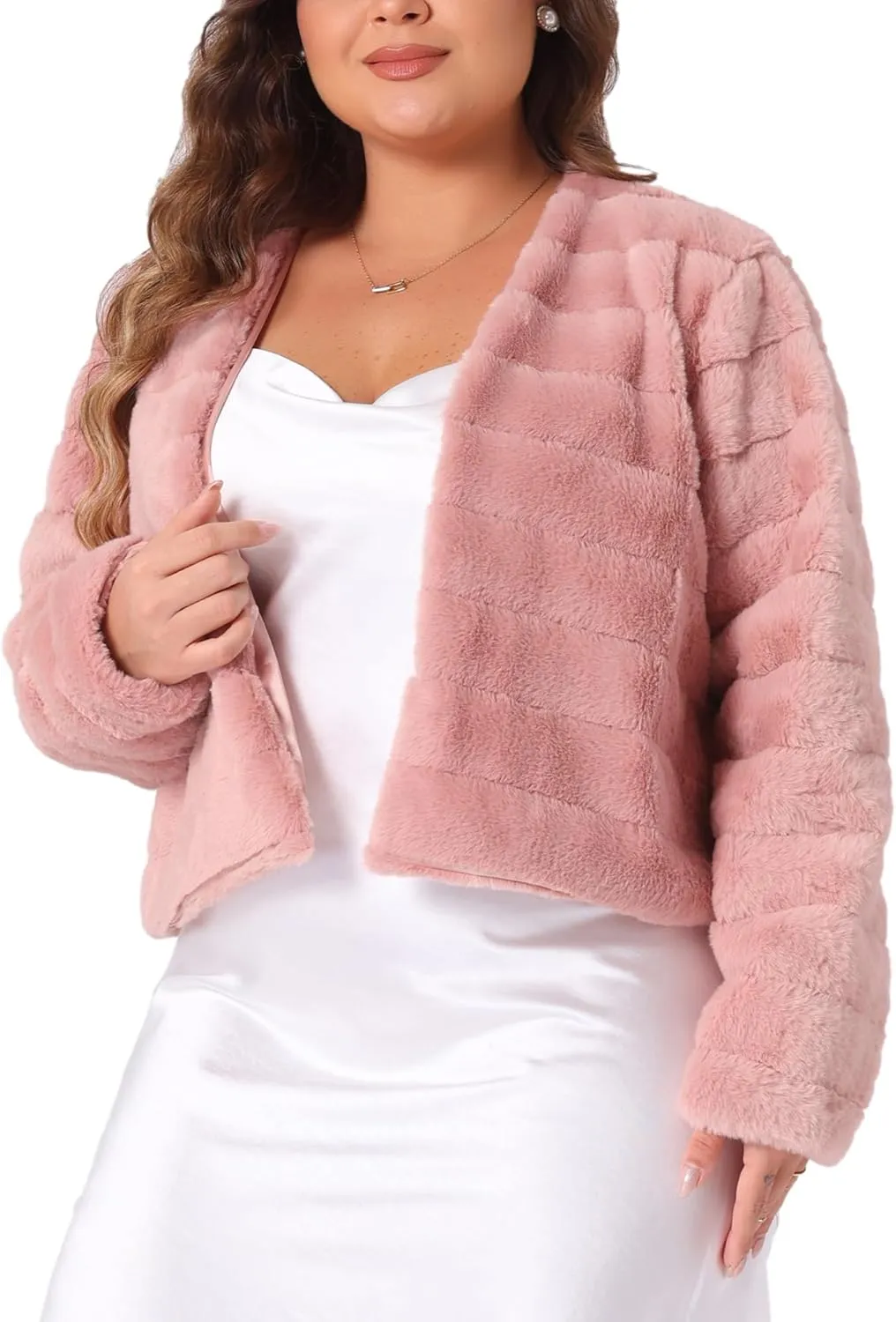 Agnes Orinda Plus Size Faux Fur Jacket for Women Open Front Collarless Wedding Formal Cropped Faux Fur Winter Jackets