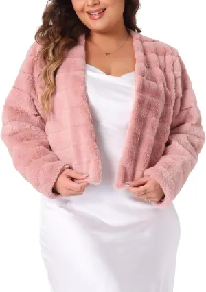 Agnes Orinda Plus Size Faux Fur Jacket for Women Open Front Collarless Wedding Formal Cropped Faux Fur Winter Jackets