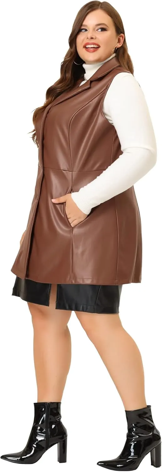 Agnes Orinda Plus Size Vests for Women Sleeveless Lapel Casual PU Jackets Vest