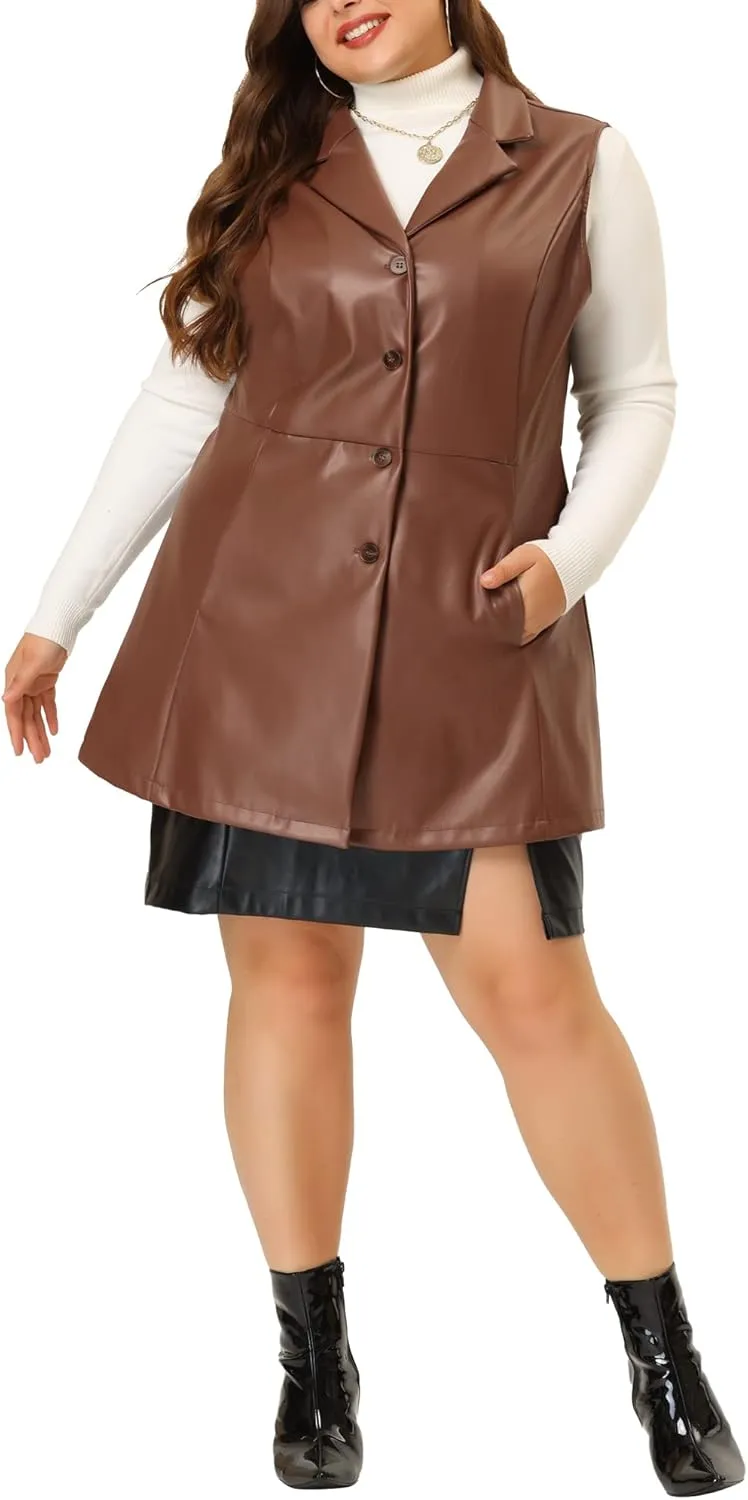 Agnes Orinda Plus Size Vests for Women Sleeveless Lapel Casual PU Jackets Vest