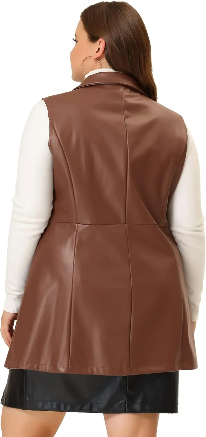 Agnes Orinda Plus Size Vests for Women Sleeveless Lapel Casual PU Jackets Vest