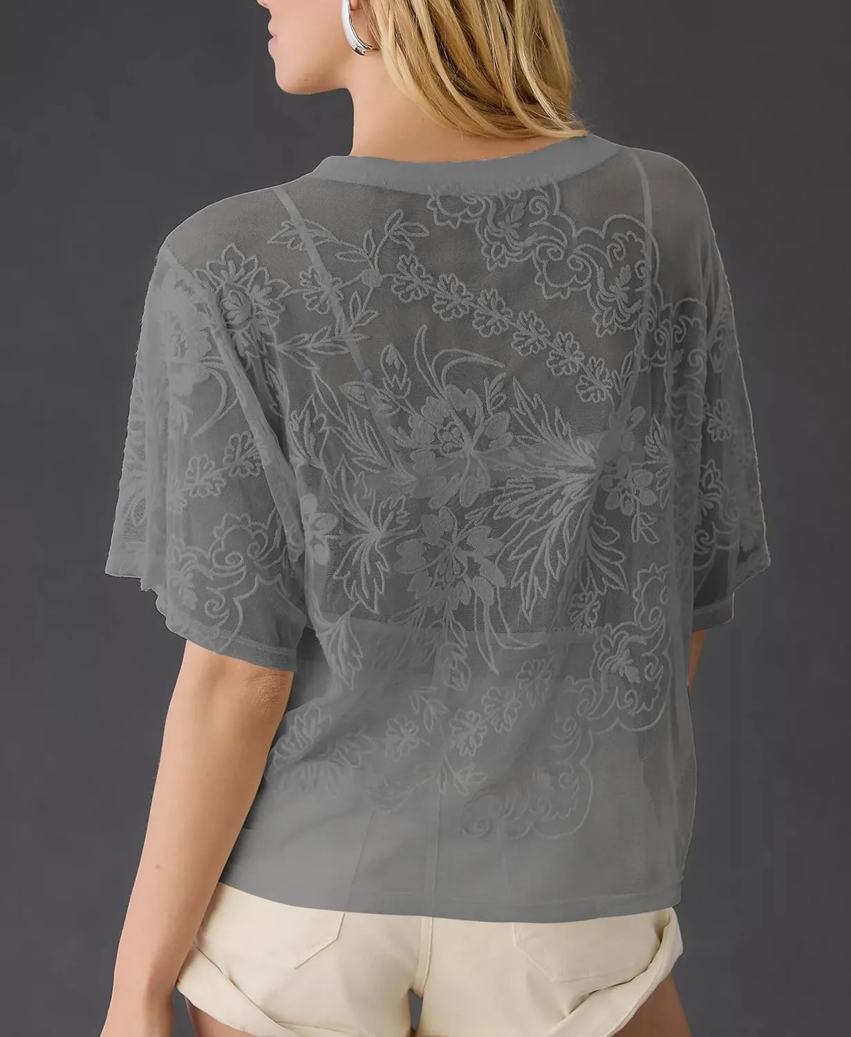 Aimiray Women's Sexy Mesh Tops Short Sleeve Round Neck Lace 3D Printed Floral Sheer Blouse See Through Layering Shirt Tops
