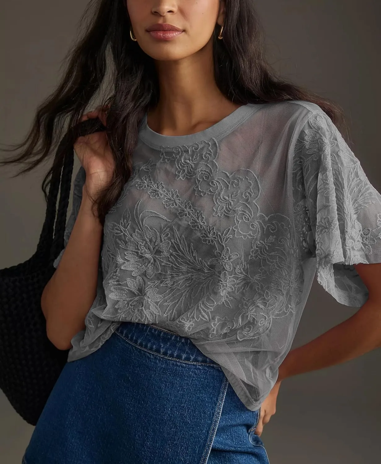 Aimiray Women's Sexy Mesh Tops Short Sleeve Round Neck Lace 3D Printed Floral Sheer Blouse See Through Layering Shirt Tops