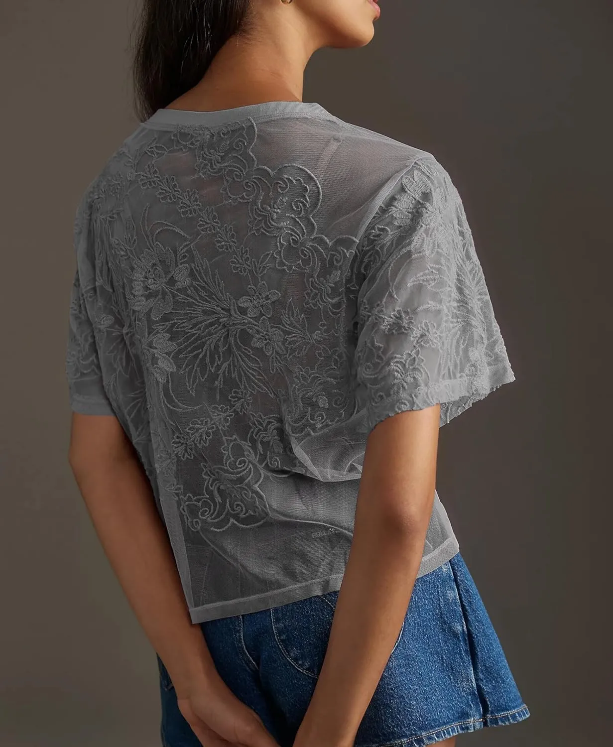 Aimiray Women's Sexy Mesh Tops Short Sleeve Round Neck Lace 3D Printed Floral Sheer Blouse See Through Layering Shirt Tops