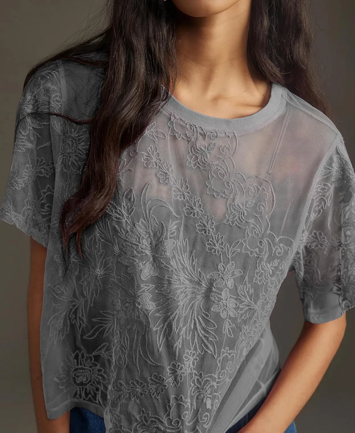 Aimiray Women's Sexy Mesh Tops Short Sleeve Round Neck Lace 3D Printed Floral Sheer Blouse See Through Layering Shirt Tops