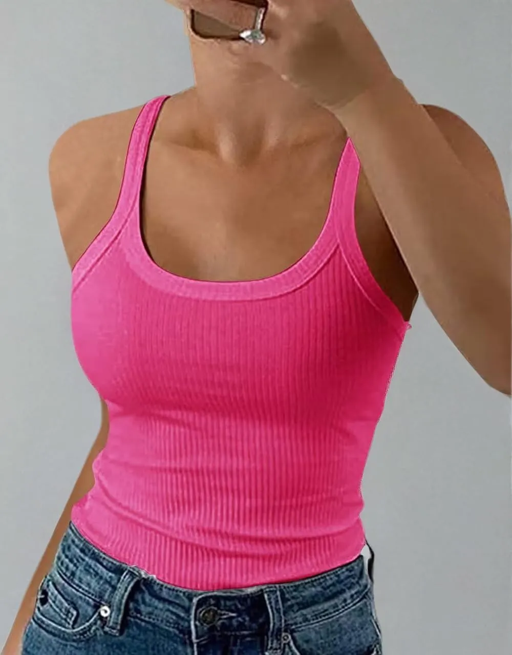 AIMITAG Spaghetti Strap Scoop Neck Ribbed Tank Tops Womens Slim Fitted Cotton Camisole Basic Sleeveless Layering Shirts