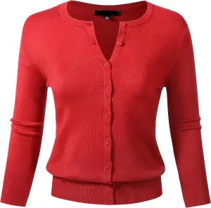 Allsense Womens Button Down 3/4 Sleeve Crew Neck Knit Cardigan Lightweight Soft Sweater