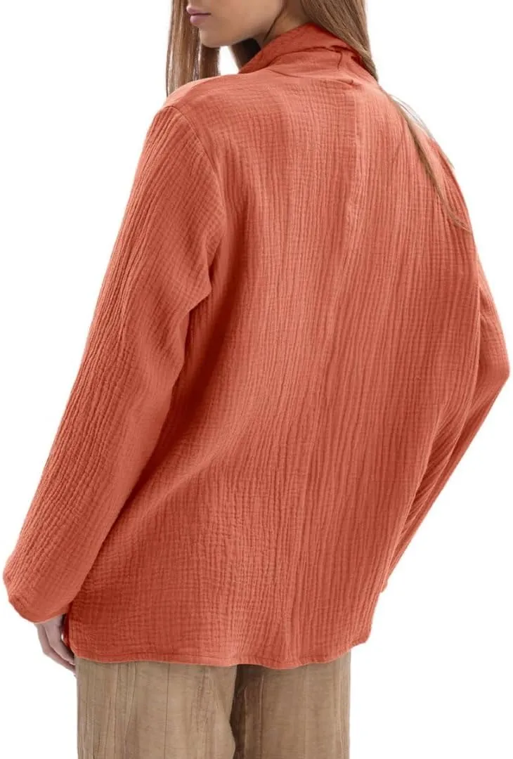 Amazhiyu Women's Cotton Gauze Draped Open Cardigan Summer Casual Asymmetric Tops