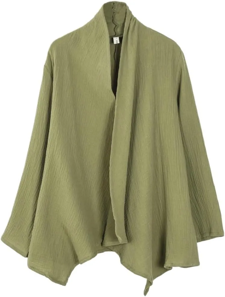 Amazhiyu Women's Cotton Gauze Draped Open Cardigan Summer Casual Asymmetric Tops