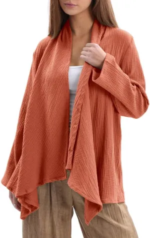 Amazhiyu Women's Cotton Gauze Draped Open Cardigan Summer Casual Asymmetric Tops