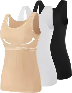 AMVELOP Tank Tops for Women Built in Bra Cotton Shelf Bra Tanks Layering Undershirts 2-3 Pack