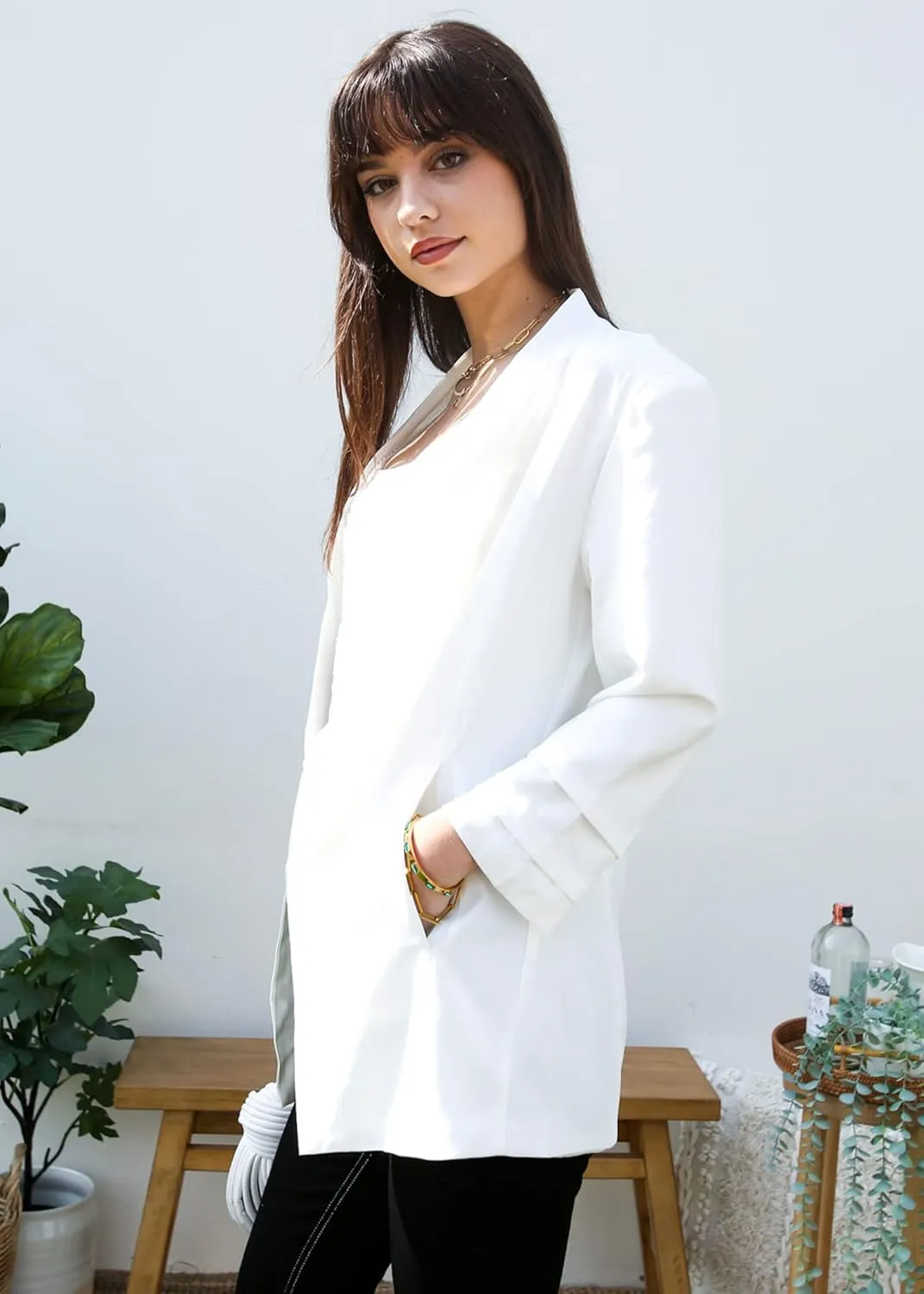Anna-Kaci Women's Casual Blazer Ruched 3/4 Sleeve Open Front Cardigan Work Office Jackets