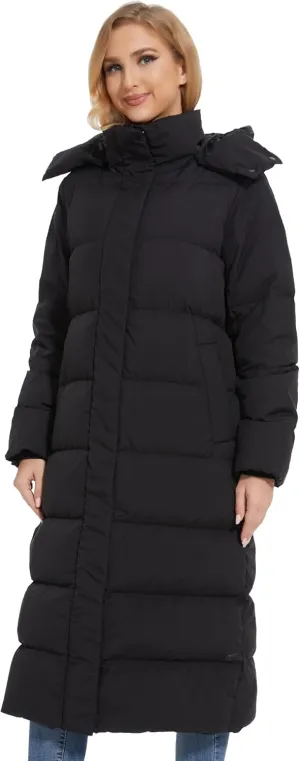 ANOTHER CHOICE Women's Down Coat with Detachable Hood, Long Puffer Coat Women Winter Jacket