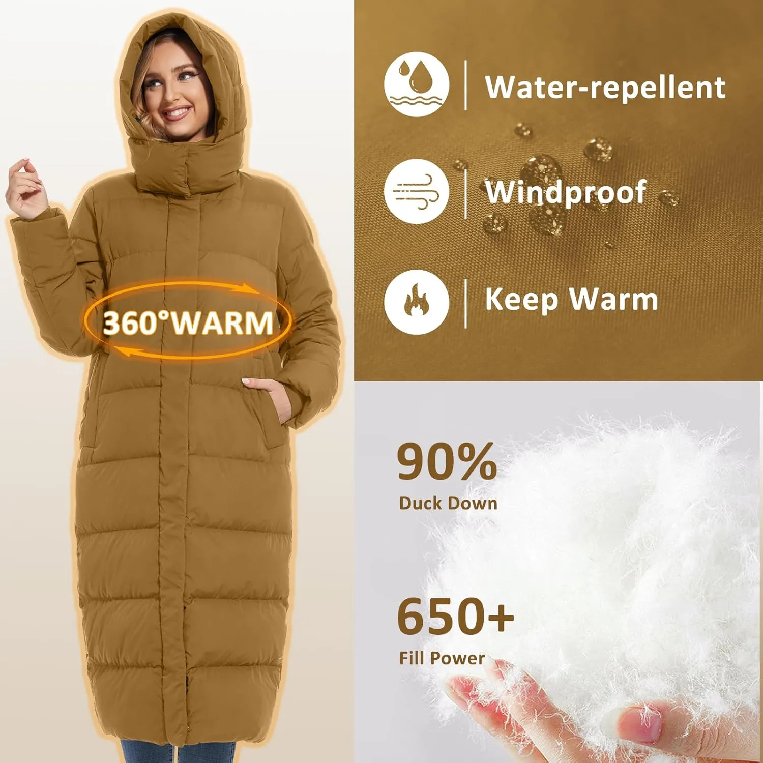 ANOTHER CHOICE Women's Down Coat with Detachable Hood, Long Puffer Coat Women Winter Jacket
