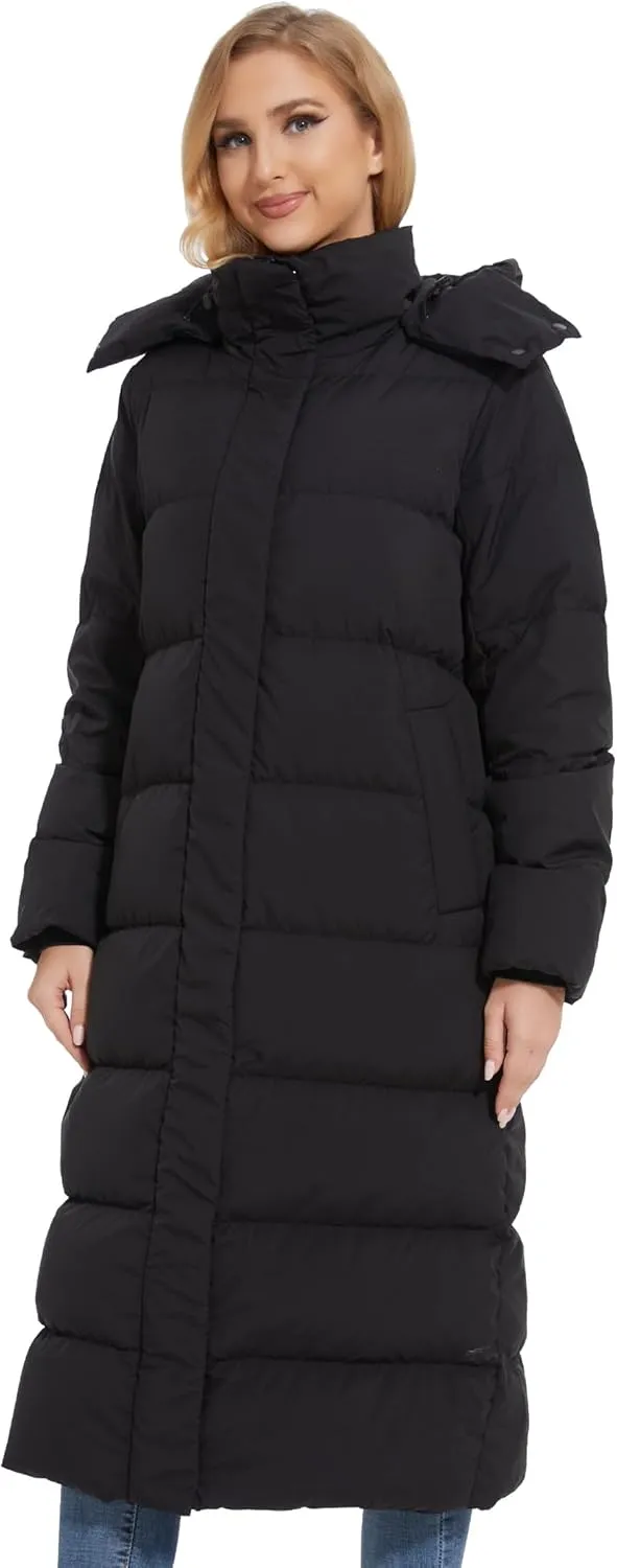 ANOTHER CHOICE Women's Down Coat with Detachable Hood, Long Puffer Coat Women Winter Jacket