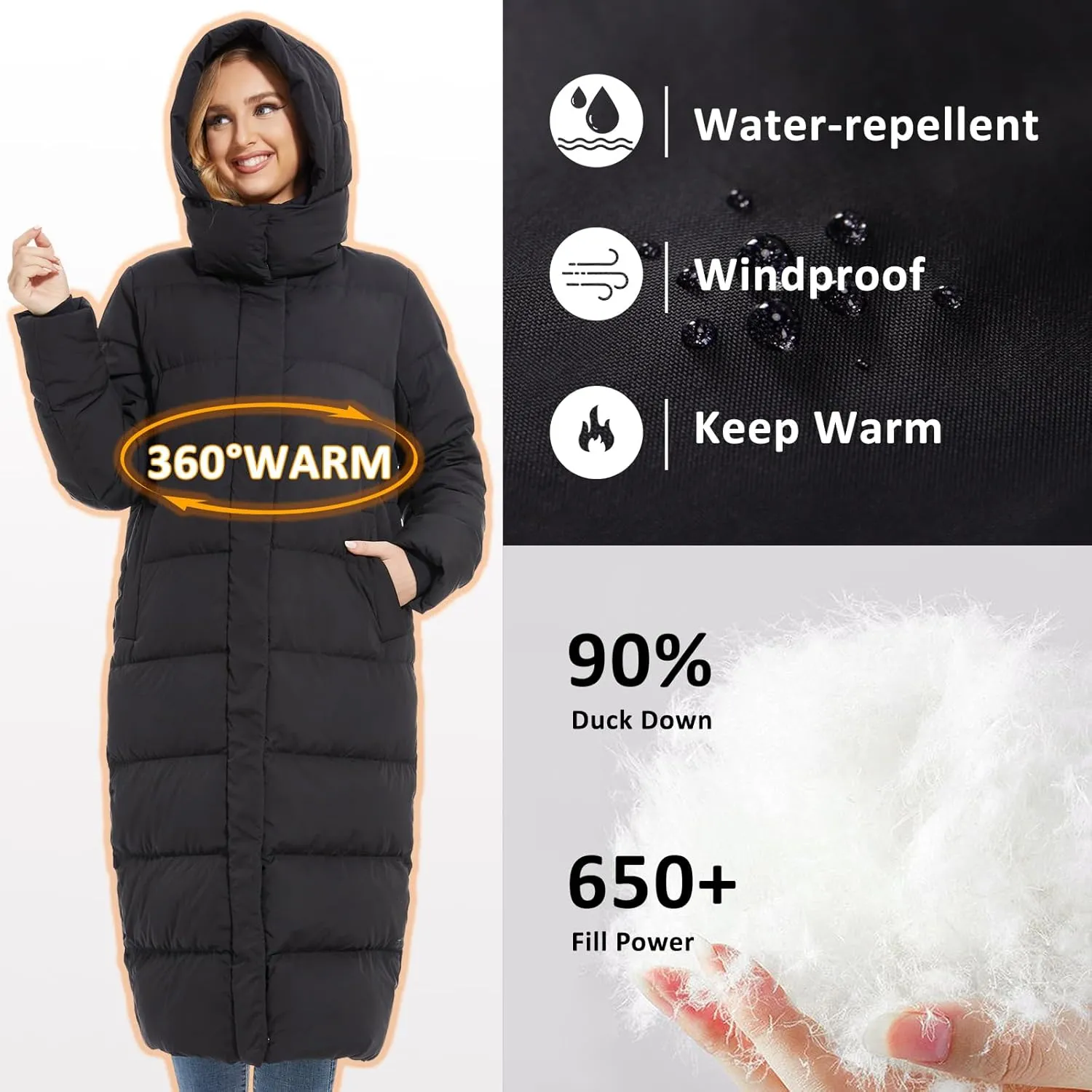 ANOTHER CHOICE Women's Down Coat with Detachable Hood, Long Puffer Coat Women Winter Jacket
