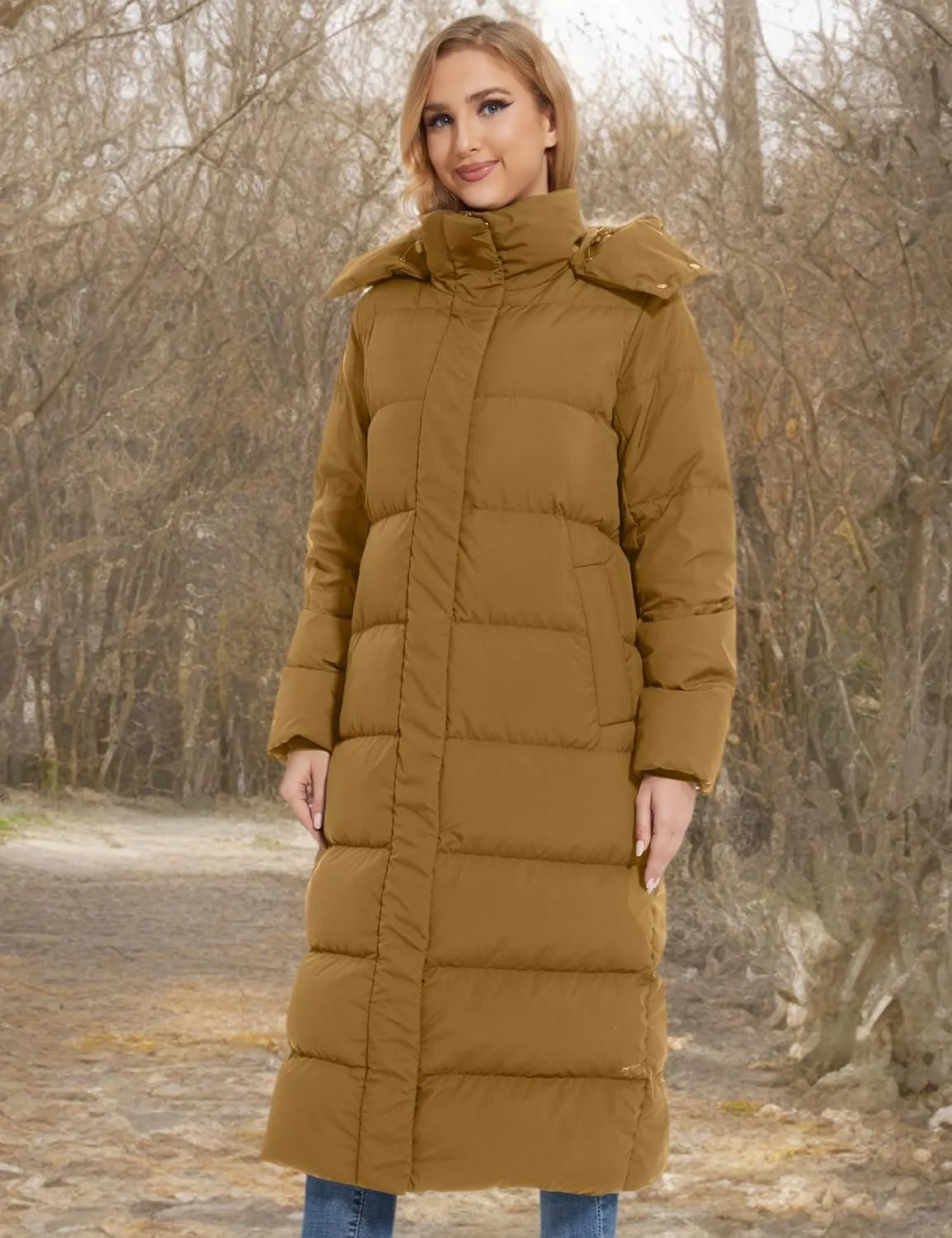 ANOTHER CHOICE Women's Down Coat with Detachable Hood, Long Puffer Coat Women Winter Jacket