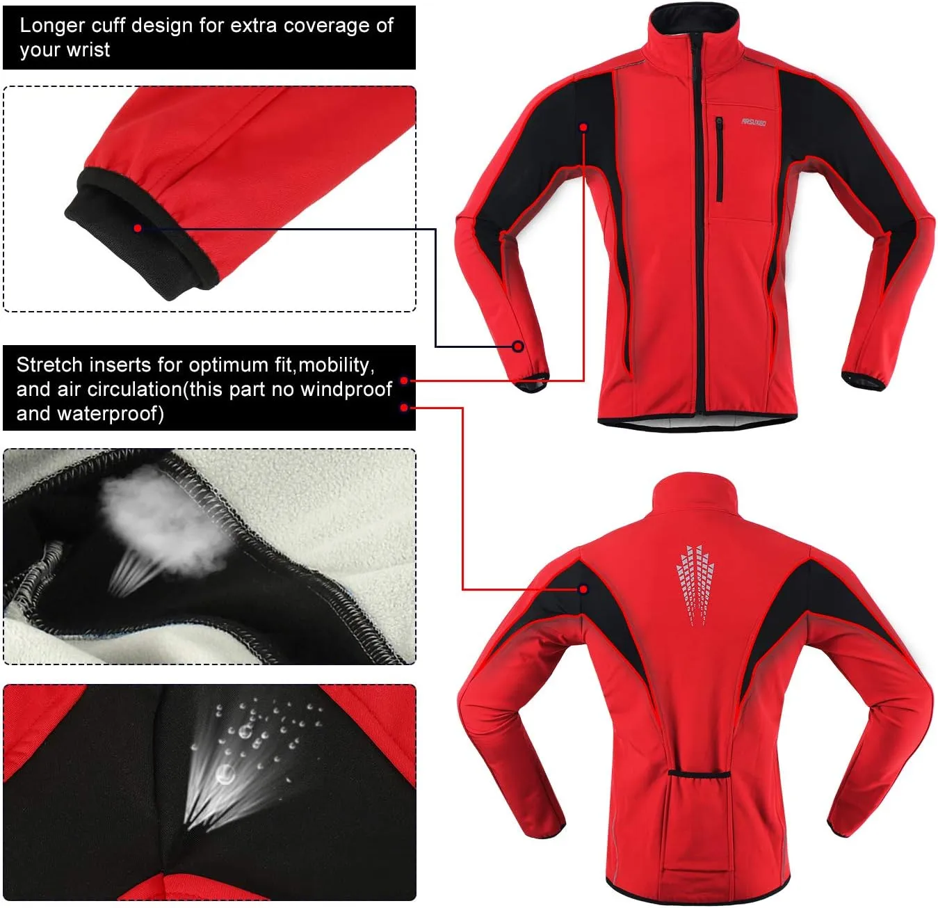 ARSUXEO Winter Warm UP Thermal Softshell Cycling Jacket Windproof Waterproof 15-k