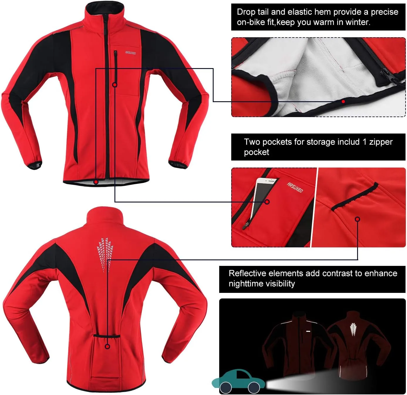 ARSUXEO Winter Warm UP Thermal Softshell Cycling Jacket Windproof Waterproof 15-k