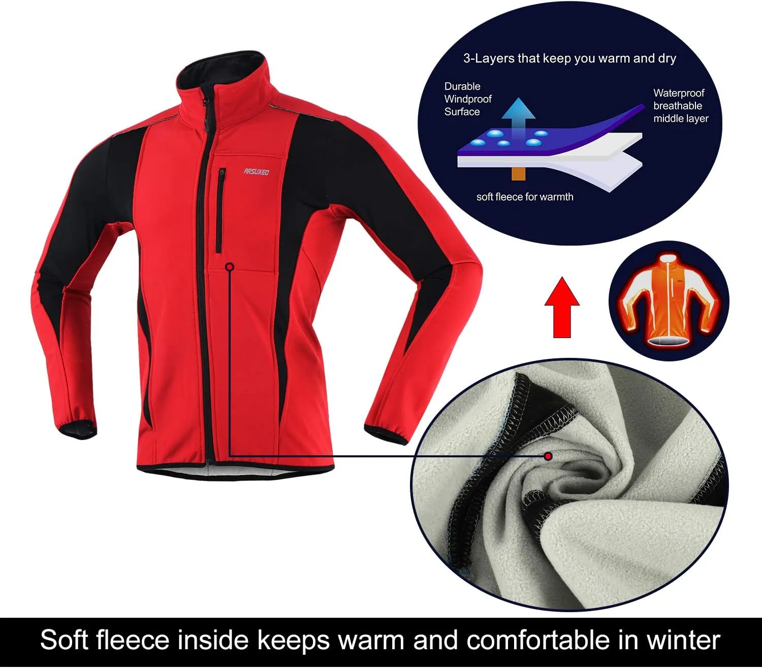 ARSUXEO Winter Warm UP Thermal Softshell Cycling Jacket Windproof Waterproof 15-k