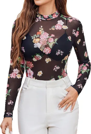 Avidlove Mesh Top for Women Long Sleeve See Through Shirt Mock Neck Sheer Blouse S-XXL